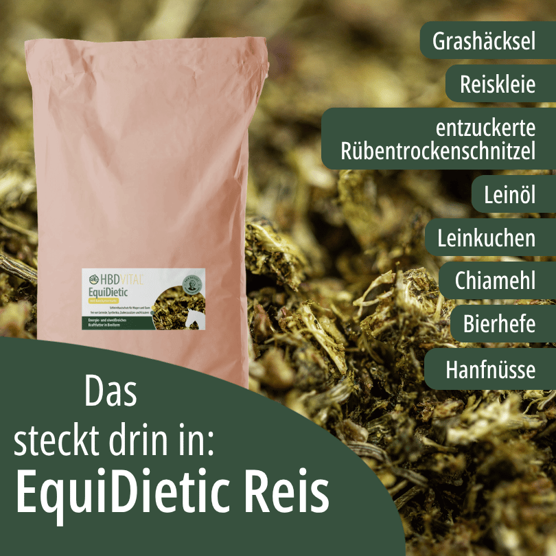 HBD Vital® EquiDietic Verpackung mit den Zutaten Grashäcksel, Reiskleie, entzuckerte Rübentrockenschnitzel, Leinöl, Leinkuchen, Chiamehl, Bierhefe und Hanfnüsse