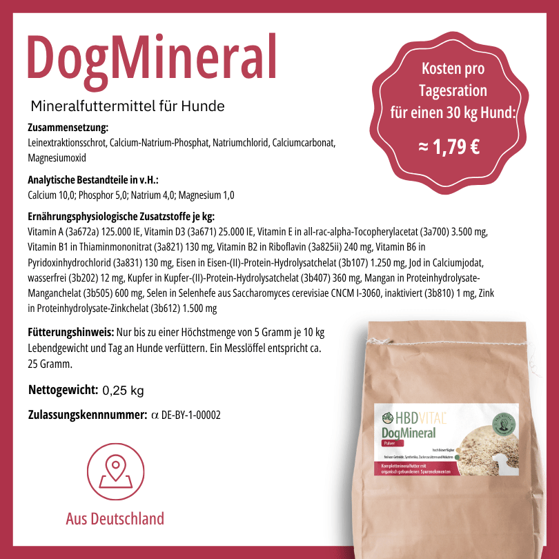 Produktetikett HBD Vital® DogMineral mit Zusammensetzung, analytischen Bestandteilen, ernährungsphysiologischen Zusatzstoffen, Fütterungshinweis, Nettogewicht 0,5 kg, hergestellt in Deutschland