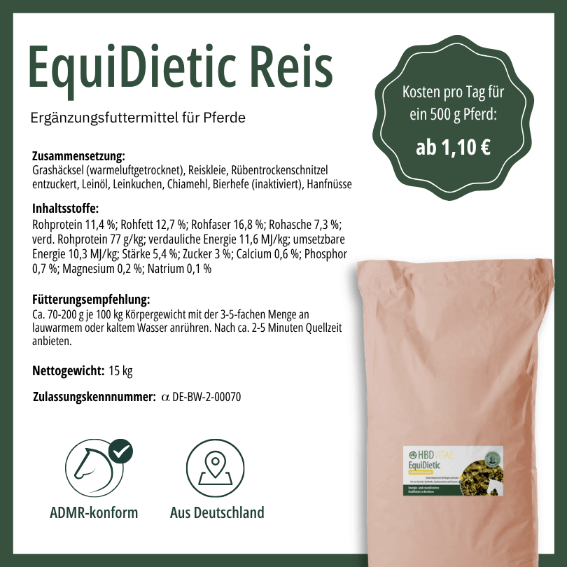 Produktetikett HBD Vital® EquiDietic Reis mit Zusammensetzung, Inhaltsstoffen, Fütterungsempfehlung, Nettogewicht 15 kg, ADMR-konform, hergestellt in Deutschland
