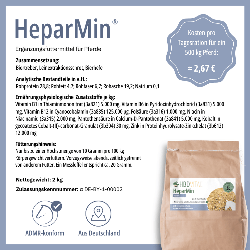 Produktetikett HBD Vital® HeparMin® mit Zusammensetzung, analytischen Bestandteilen, zootechnischen Zusatzstoffen, Fütterungshinweis, Nettogewicht 0,5 kg, ADMR-konform, hergestellt in Deutschland