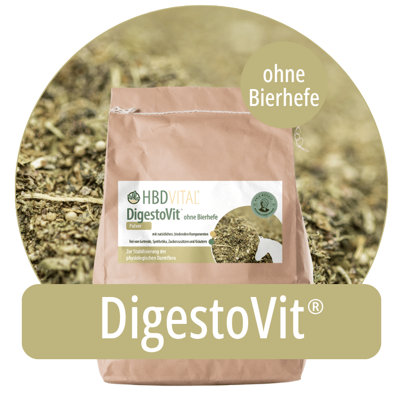 Produktverpackung HBD Vital® DigestoVit® Pulver ohne Bierhefe, Ergänzungsfuttermittel für Pferde zur Stabilisierung der physiologischen Darmflora
