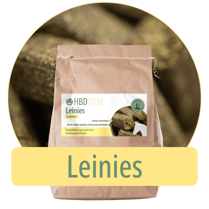Produktverpackung HBD Vital® Leinies, getreidefreie und zuckerfreie Leckerlis für Pferde