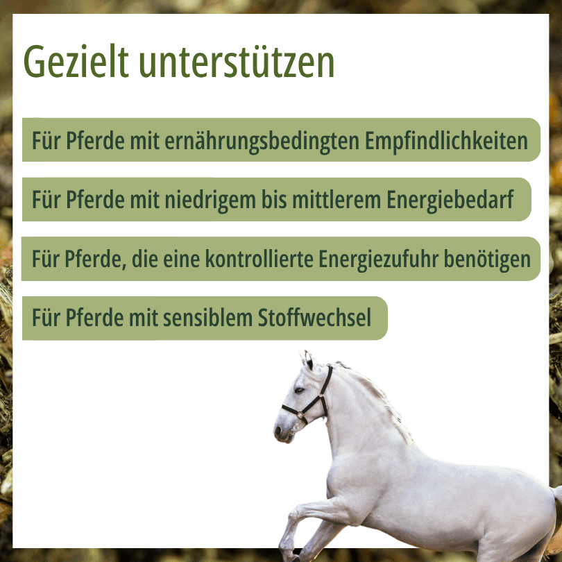 Weißes Pferd zu HBD Vital® EquiGlyk: Einsatzbereiche u. a. bei ernährungsbedingten Empfindlichkeiten, niedrigem bis mittlerem Energiebedarf und sensiblem Stoffwechsel