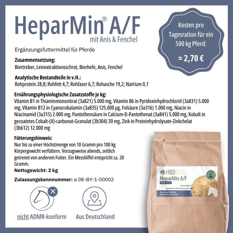 Produktetikett HBD Vital® HeparMin® A/F mit Anis und Fenchel, Zusammensetzung, analytischen Bestandteilen, Fütterungshinweis, Nettogewicht 0,5 kg, nicht ADMR-konform, hergestellt in Deutschland