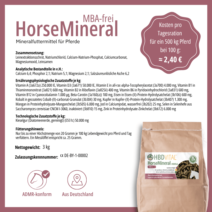 Produktetikett HBD Vital® HorseMineral MBAfrei mit Zusammensetzung, analytischen Bestandteilen, Fütterungshinweis, Nettogewicht 25 kg, ADMR-konform, hergestellt in Deutschland