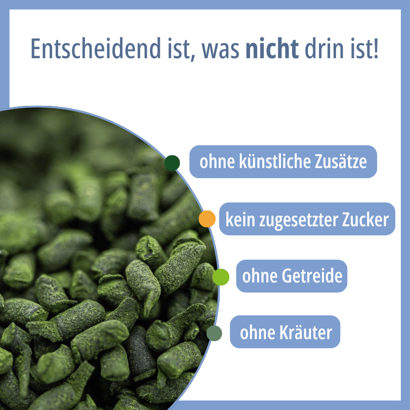 ahaufnahme der HBD Vital® Chlorella Pellets, ohne künstliche Zusätze, ohne zugesetzten Zucker, ohne Getreide, ohne Kräuter