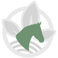 HBD Vital® Icon: stilisierter Pferdekopf mit zwei Blättern und Wellenlinien im Kreis, Symbol für Pferdeprodukte