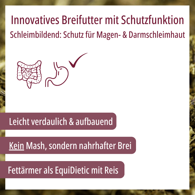 Grafik zu HBD Vital® EquiDietic TKM: leicht verdauliches, aufbauendes und schleimbildendes Breifutter, fettärmer als die Variante mit Reisfuttermehl