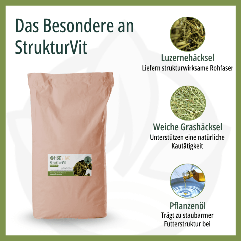HBD Vital® StrukturVit mit Luzernehäcksel für strukturwirksame Rohfaser, weichen Heuschnipseln zur Unterstützung einer natürlichen Kautätigkeit sowie Pflanzenöl für eine staubarme Futterstruktur.