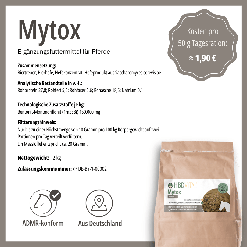HBD Vital® Mytox: kann Toxine und Pilzgifte im Darm binden, ideal bei schwankender Futterqualität, beeinträchtigt die Nährstoffaufnahme nicht und unterstützt eine normale Verdauungsfunktion – mit natürlichen Tonmineralien und Hefeextrakten.