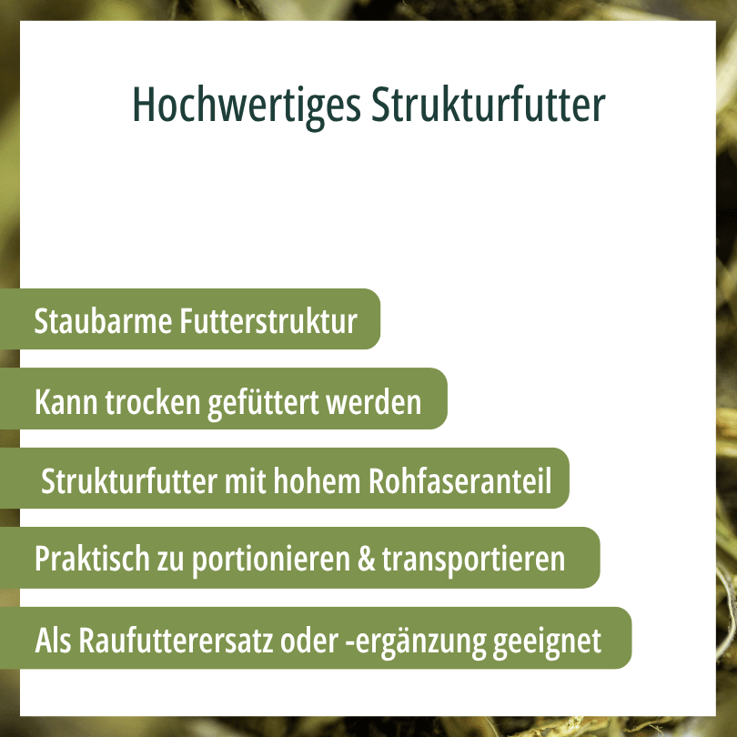 HBD Vital® SeniorHeu: hochwertige Alternative zu Heucobs, ideal bei Kauproblemen, auch trocken fütterbar, mit staubarmer Futterstruktur, weichen kurzen Wiesenfasern, als strukturreiches Ergänzungsfutter und Heuersatz oder -ergänzung geeignet.