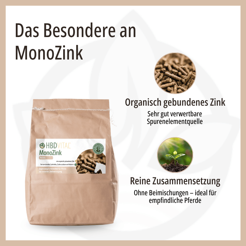 Infografik zu HBD Vital® MonoZink: organisch gebundenes Zink als sehr gut verwertbare Spurenelementquelle sowie reine Zusammensetzung ohne Beimischungen für empfindliche Pferde