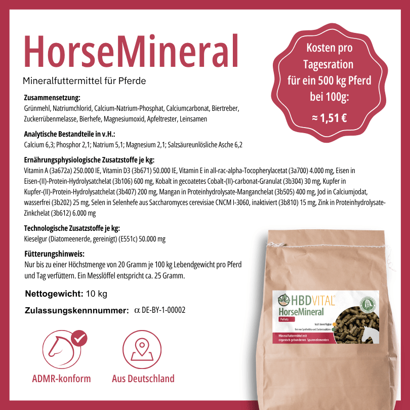 Produktetikett HBD Vital® HorseMineral mit Zusammensetzung, analytischen Bestandteilen, Fütterungshinweis, Nettogewicht 3,5 kg, ADMR-konform, hergestellt in Deutschland