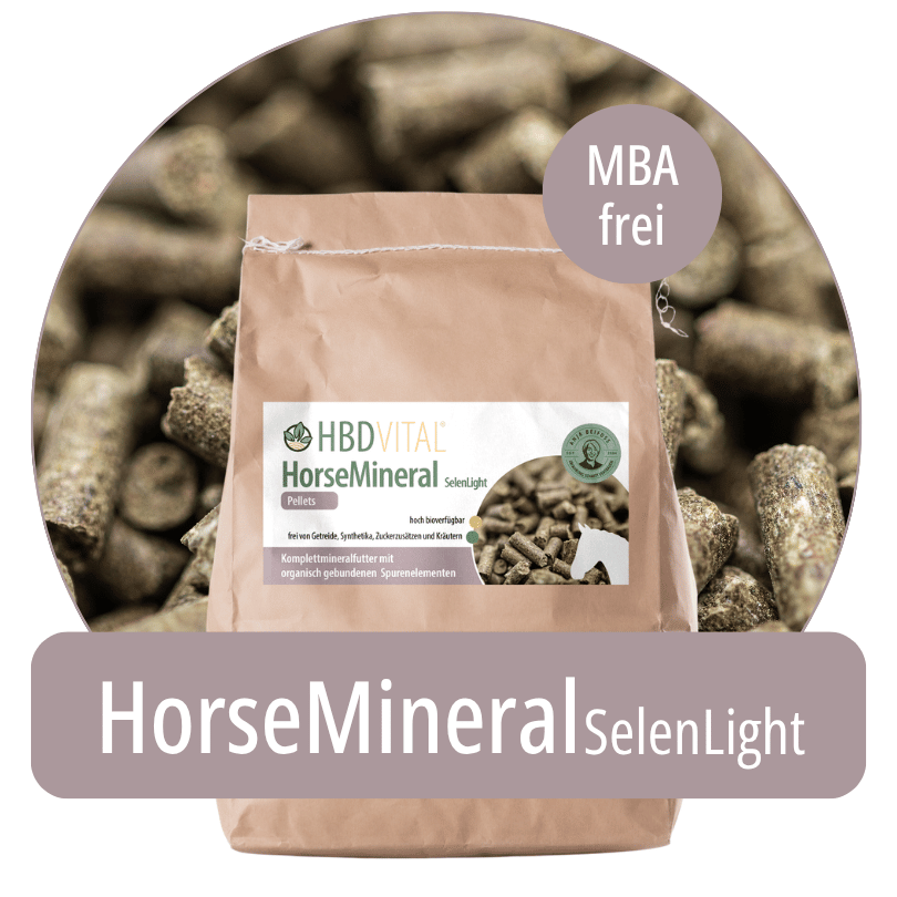 Produktverpackung HBD Vital® HorseMineral SelenLight Pellets, MBA-freies Mineralfuttermittel für Pferde mit reduziertem Selengehalt