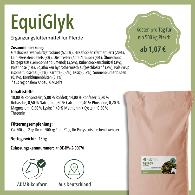 Produktetikett HBD Vital® EquiGlyk mit Zusammensetzung, Inhaltsstoffen, Fütterungsempfehlung, Nettogewicht 15 kg, ADMR-konform, hergestellt in Deutschland
