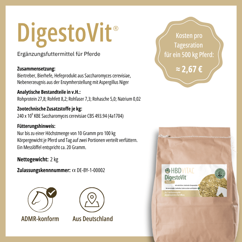 Produktetikett HBD Vital® DigestoVit® mit Zusammensetzung, analytischen Bestandteilen, zootechnischen Zusatzstoffen, Fütterungshinweis, Nettogewicht 2 kg, ADMR-konform, hergestellt in Deutschland