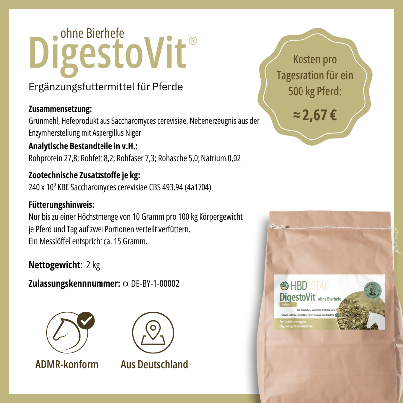 Produktetikett HBD Vital® DigestoVit® ohne Bierhefe mit Zusammensetzung, analytischen Bestandteilen, Fütterungshinweis, Nettogewicht 2 kg, ADMR-konform, hergestellt in Deutschland
