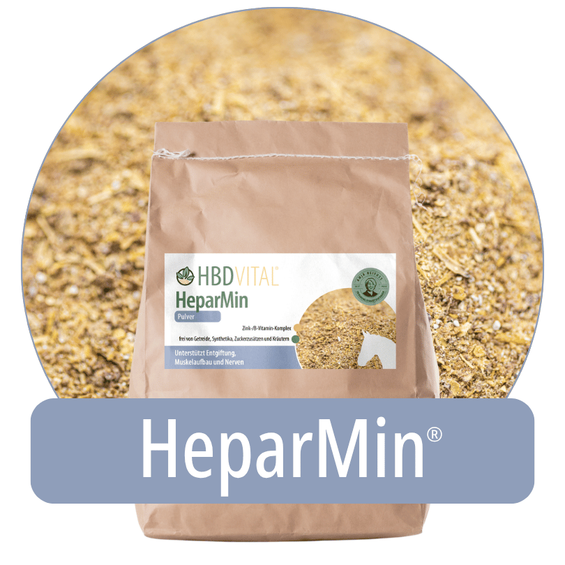 Produktverpackung HBD Vital® HeparMin® Pulver, Ergänzungsfuttermittel für Pferde mit Zink-/B-Vitamin-Komplex