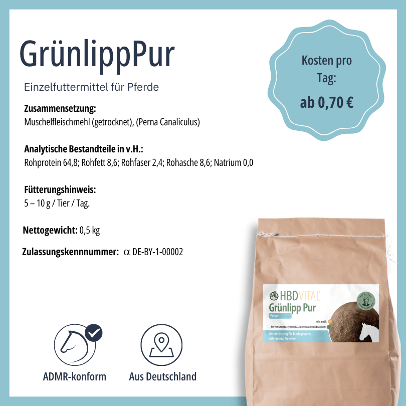 Produktetikett HBD Vital® Grünlipp Pur mit Zusammensetzung, analytischen Bestandteilen, Fütterungshinweis, Nettogewicht 0,5 kg, ADMR-konform, hergestellt in Deutschland