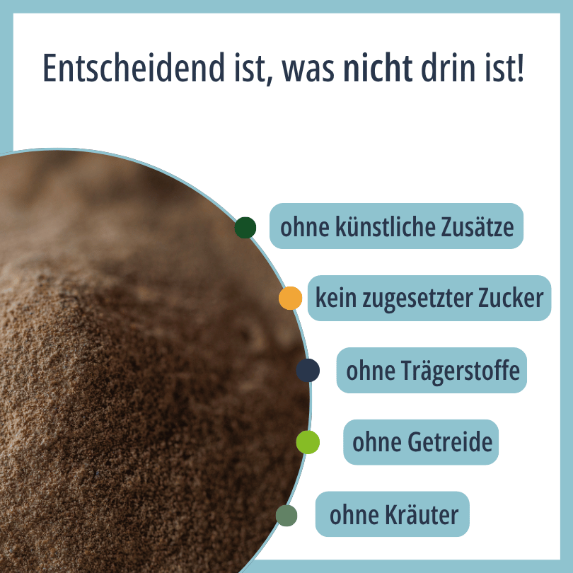 Nahaufnahme des HBD Vital® Grünlipp Pur Pulvers, ohne künstliche Zusätze, ohne zugesetzten Zucker, ohne Trägerstoffe, ohne Getreide, ohne Kräuter