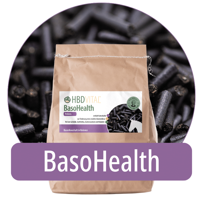 roduktverpackung HBD Vital® BasoHealth Pellets, Ergänzungsfuttermittel für Pferde zur Unterstützung eines ausgeglichenen Basenhaushalts