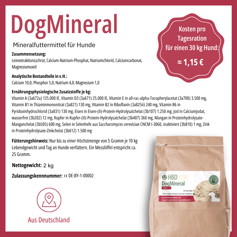 Produktetikett HBD Vital® DogMineral mit Zusammensetzung, analytischen Bestandteilen, ernährungsphysiologischen Zusatzstoffen, Fütterungshinweis, Nettogewicht 2 kg, hergestellt in Deutschland
