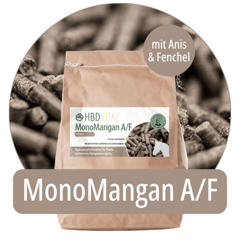 Produktverpackung HBD Vital® MonoMangan A/F Pellets mit Anis und Fenchel, Ergänzungsfuttermittel für Pferde zur besseren Manganversorgung