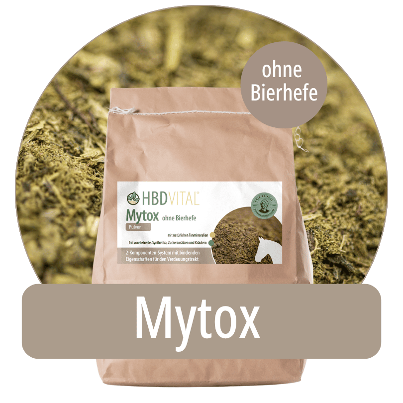 HBD Vital® Mytox ohne Bierhefe Pulver für Pferde: 2-Komponenten-System mit bindenden Eigenschaften für den Verdauungstrakt, frei von Getreide, Synthetika, Zuckerzusätzen, Kräutern und Bierhefe.