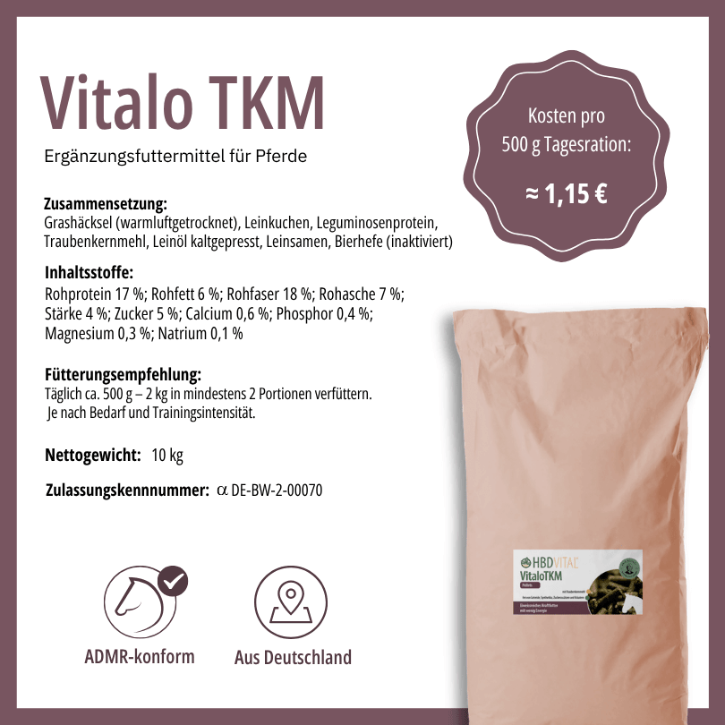 Etikett HBD Vital® Vitalo TKM, Ergänzungsfuttermittel für Pferde, 10 kg: Zusammensetzung Grashäcksel, Leinkuchen, Leguminosenprotein, Traubenkernmehl, Leinöl, Leinsamen und Bierhefe (inaktiviert), mit 17 % Rohprotein