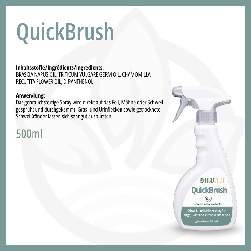 QuickBrush 500 ml Produktinformation: Inhaltsstoffe Rapsöl, Weizenkeimöl, Kamillenblütenöl, D-Panthenol und Anwendung auf Fell, Mähne und Schweif