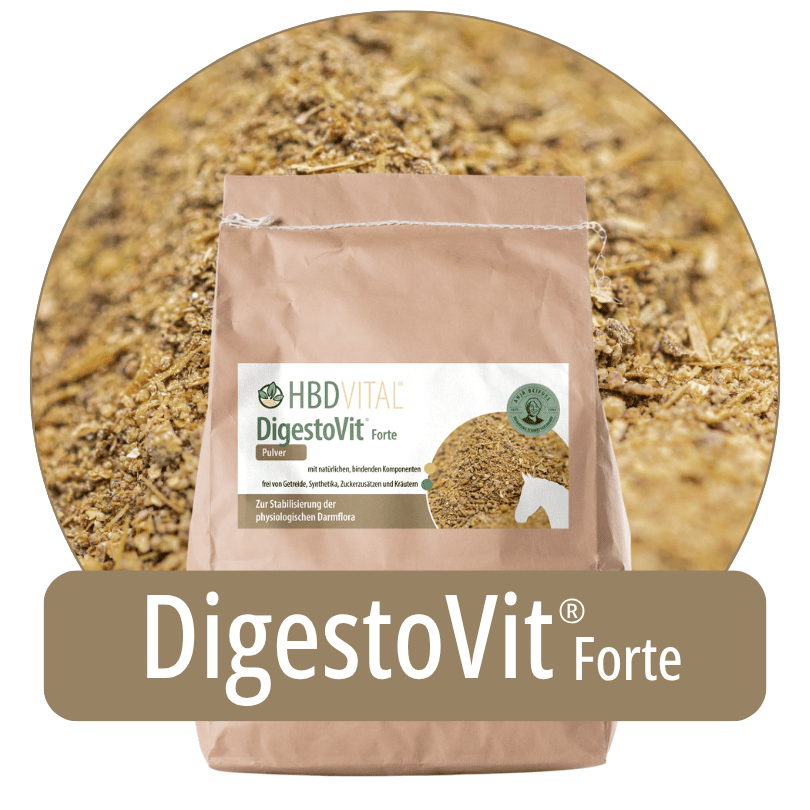 Produktverpackung HBD Vital® DigestoVit® Forte Pulver, Ergänzungsfuttermittel für Pferde zur Stabilisierung der physiologischen Darmflora, bierhefefrei