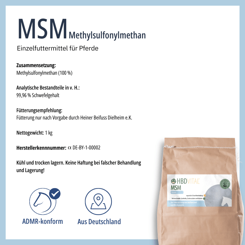 Produktetikett HBD Vital® MSM (Methylsulfonylmethan) mit 100 % Zusammensetzung, 99,96 % Schwefelgehalt, Nettogewicht 1 kg, ADMR-konform, hergestellt in Deutschland