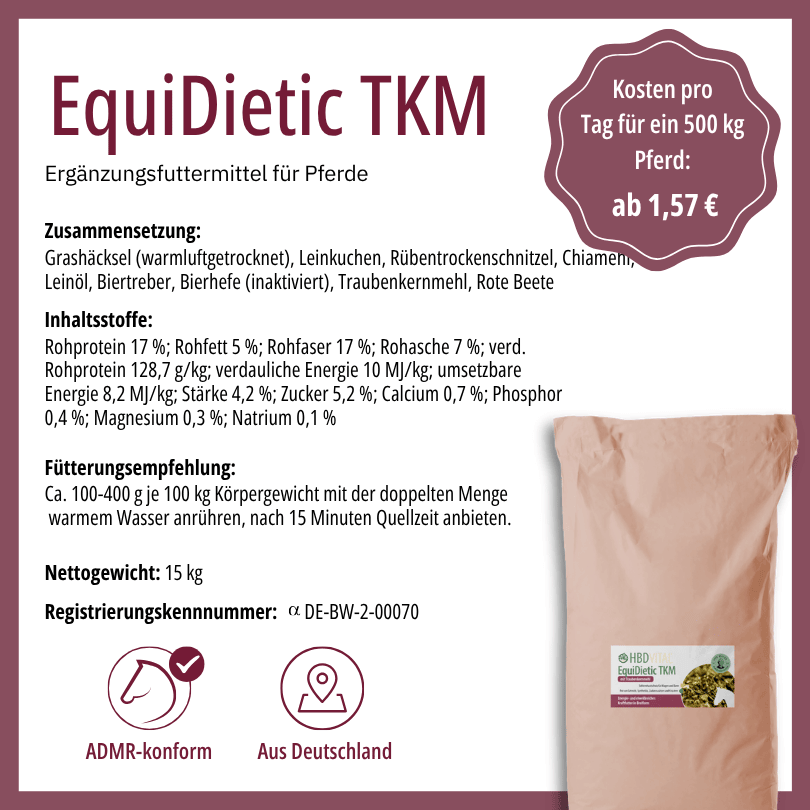 Produktetikett HBD Vital® EquiDietic TKM mit Zusammensetzung, Inhaltsstoffen, Fütterungsempfehlung, Nettogewicht 15 kg, ADMR-konform, hergestellt in Deutschland