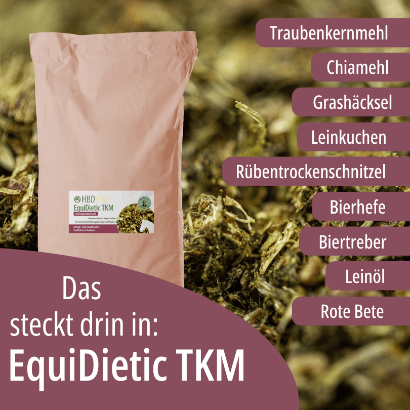 HBD Vital® EquiDietic TKM Verpackung mit den Zutaten Traubenkernmehl, Chiamehl, Grashäcksel, Leinkuchen, Rübenfasern, Bierhefe, Biertreber, Leinöl und Rote Beete