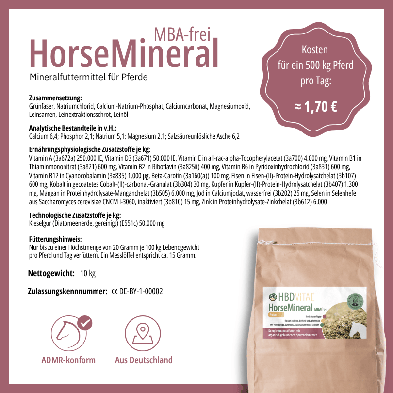 Produktetikett HBD Vital® HorseMineral MBAfrei mit Zusammensetzung, analytischen Bestandteilen, Fütterungshinweis, Nettogewicht 3 kg, ADMR-konform, hergestellt in Deutschland