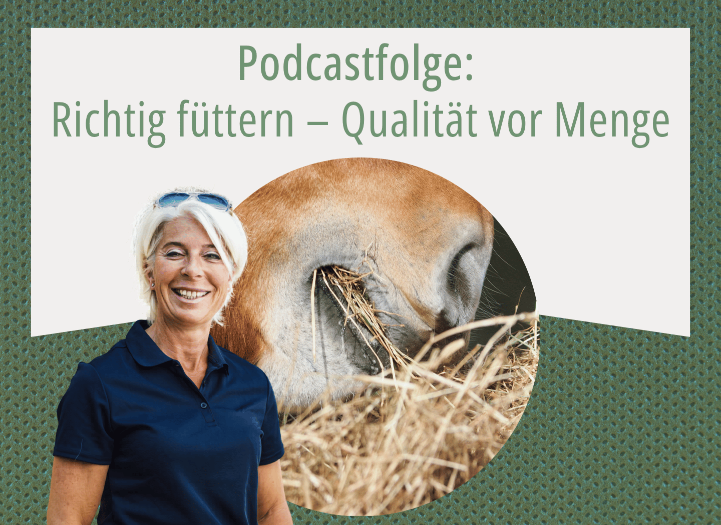 Anja Beifuss, im Hintergrund ein Pferd, das Heu frisst, dazu der Text: Podcastfolge – Richtig füttern – Qualität vor Menge