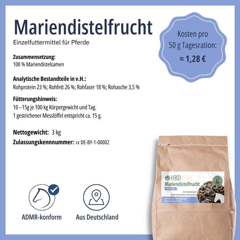 Produktetikett HBD Vital® Mariendistelfrucht mit Zusammensetzung, analytischen Bestandteilen, Fütterungshinweis, Nettogewicht 3 kg, ADMR-konform, hergestellt in Deutschland