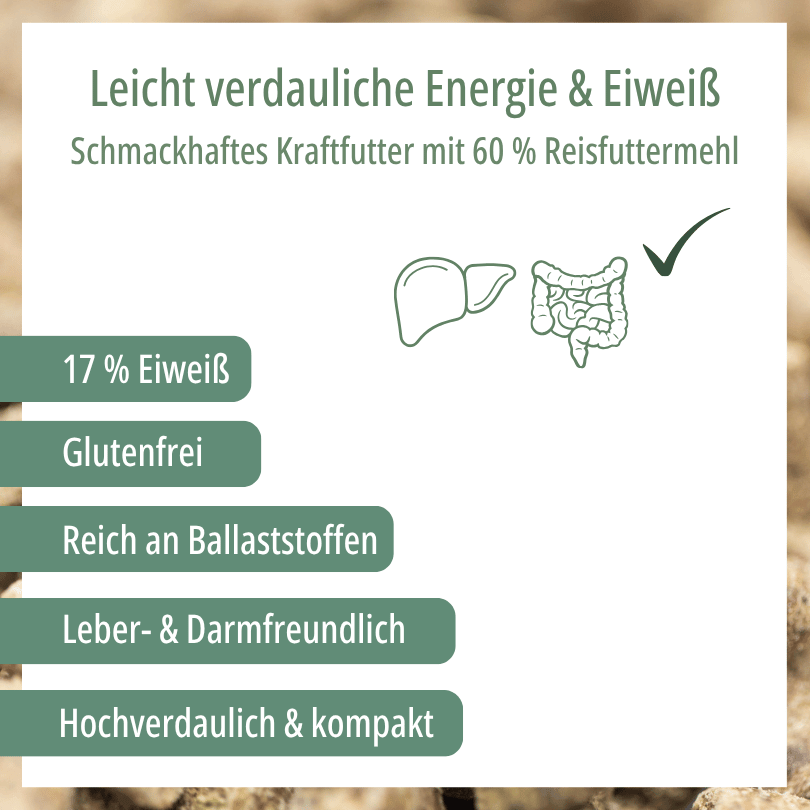 HBD Vital® RiceVital: schmackhaftes Kraftfutter mit 60 % Reisfuttermehl, 17 % Eiweiß, glutenfrei, reich an Ballaststoffen, leber- und darmfreundlich, hochverdaulich und kompakt.