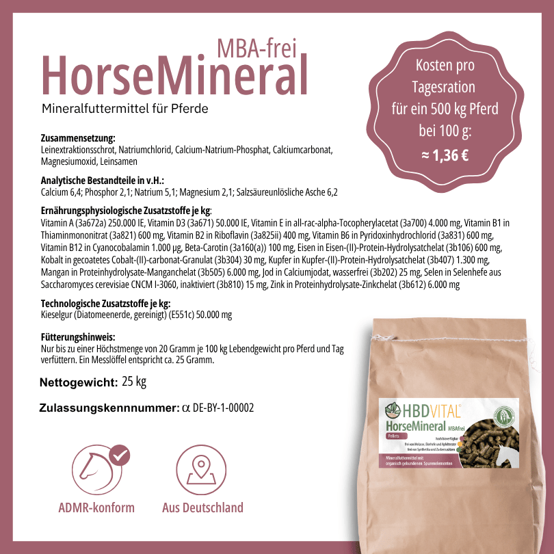 HBD Vital® HorseMineral MBAfrei – Zusammensetzung und Fütterungshinweis (10 kg) Alt-Text: Produktetikett HBD Vital® HorseMineral MBAfrei mit Zusammensetzung, analytischen Bestandteilen, Fütterungshinweis, Nettogewicht 10 kg, ADMR-konform, hergestellt in D
