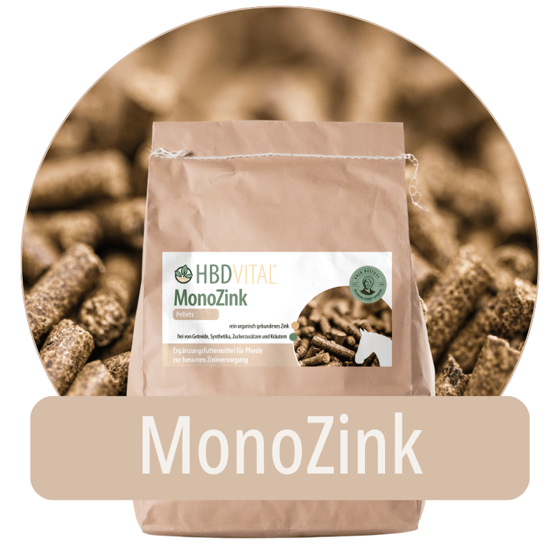 Produktverpackung HBD Vital® MonoZink Pellets, rein organisch gebundenes Zink als Ergänzungsfuttermittel für Pferde