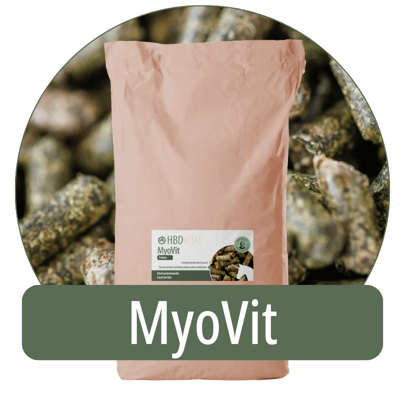 Produktverpackung HBD Vital® MyoVit, hoch proteinreiche LuzerneCobs als Ergänzungsfuttermittel für Pferde