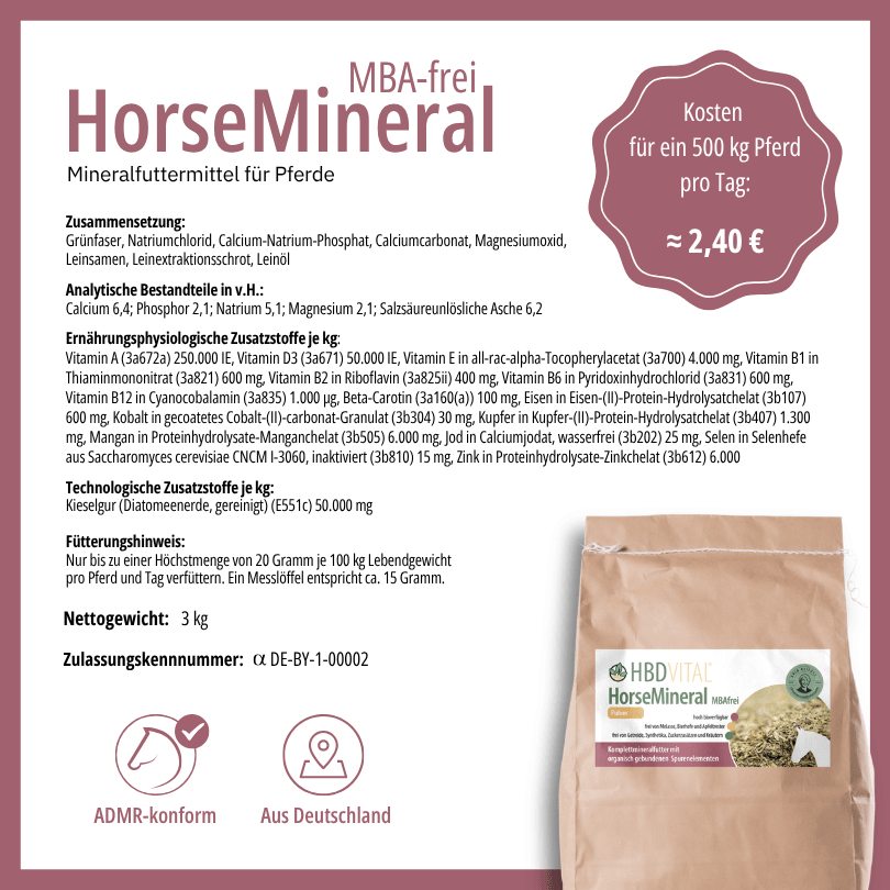 Produktetikett HBD Vital® HorseMineral MBAfrei mit Zusammensetzung, analytischen Bestandteilen, Fütterungshinweis, Nettogewicht 10 kg, ADMR-konform, hergestellt in Deutschland