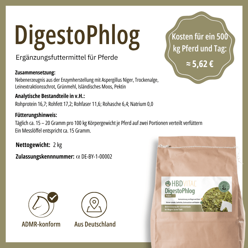 Produktetikett HBD Vital® DigestoPhlog mit Zusammensetzung, analytischen Bestandteilen, Fütterungshinweis, Nettogewicht 2 kg, ADMR-konform, hergestellt in Deutschland