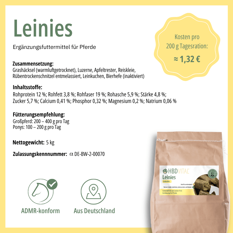 Produktetikett HBD Vital® Leinies mit Zusammensetzung, Inhaltsstoffen, Fütterungsempfehlung, Nettogewicht 5 kg, ADMR-konform, hergestellt in Deutschland
