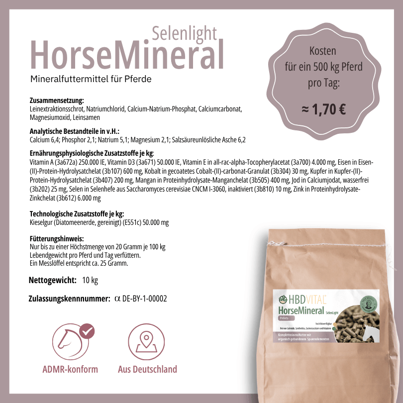 Produktetikett HBD Vital® HorseMineral SelenLight mit Zusammensetzung, analytischen Bestandteilen, reduziertem Selengehalt, Fütterungshinweis, Nettogewicht 3 kg, ADMR-konform, hergestellt in Deutschland