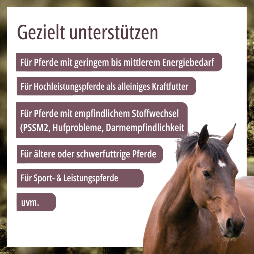 HBD Vital® Vitalo TKM: geeignet für Pferde mit geringem bis mittlerem Energiebedarf, für Pferde mit empfindlichem Stoffwechsel, für ältere oder schwerfuttrige Pferde sowie für Sport- und Leistungspferde.