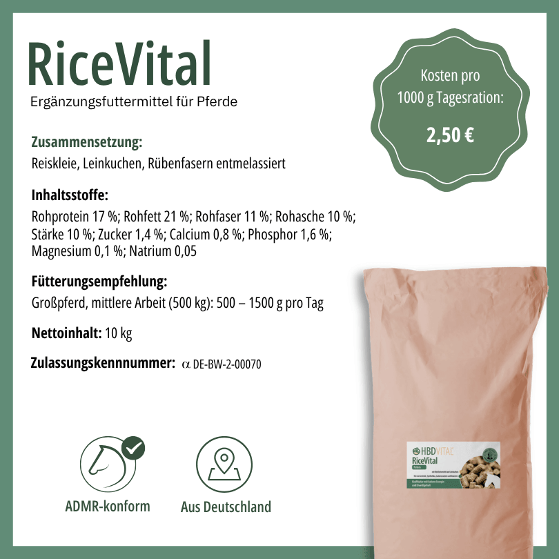 Etikett HBD Vital® RiceVital, Ergänzungsfuttermittel für Pferde: Zusammensetzung Reiskleie, Leinkuchen und entmelassierte Rübenfasern, mit 17 % Rohprotein, Fütterungsempfehlung für ein 500-kg-Großpferd bei mittlerer Arbeit 500–1500 g pro Tag