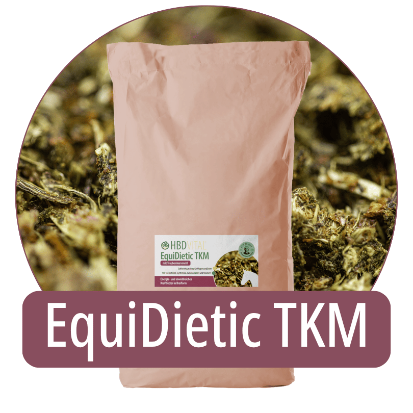 Produktverpackung HBD Vital® EquiDietic TKM, Ergänzungsfuttermittel für Pferde mit Traubenkernmehl, als energie- und eiweißreiches Kraftfutter in Breiform