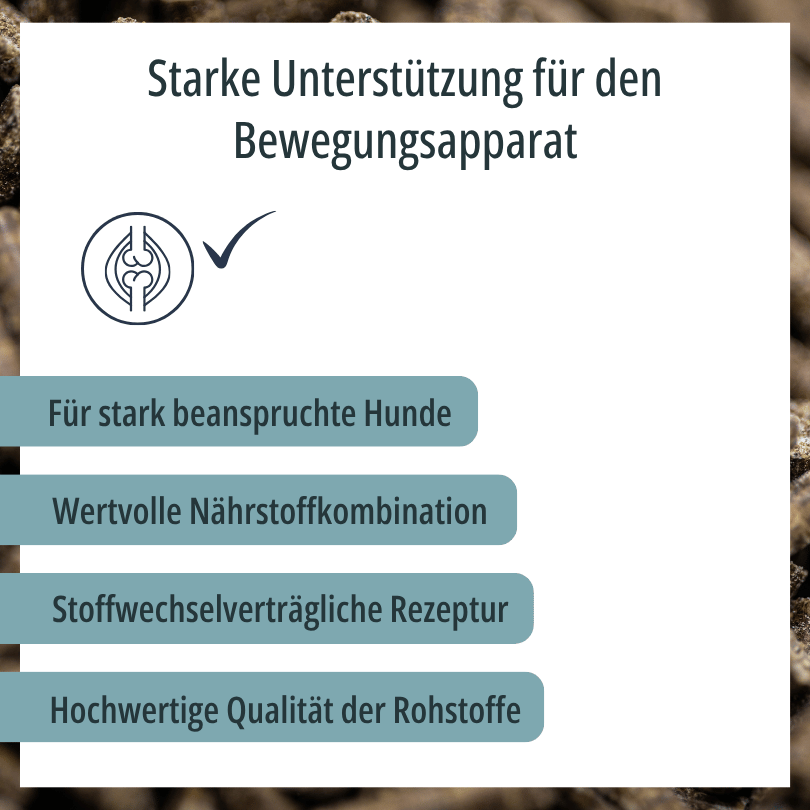 Grafik zu HBD Vital® MoveVital Dog: für stark beanspruchte Hunde, wertvolle Nährstoffkombination, stoffwechselverträgliche Rezeptur, hochwertige Qualität der Rohstoffe