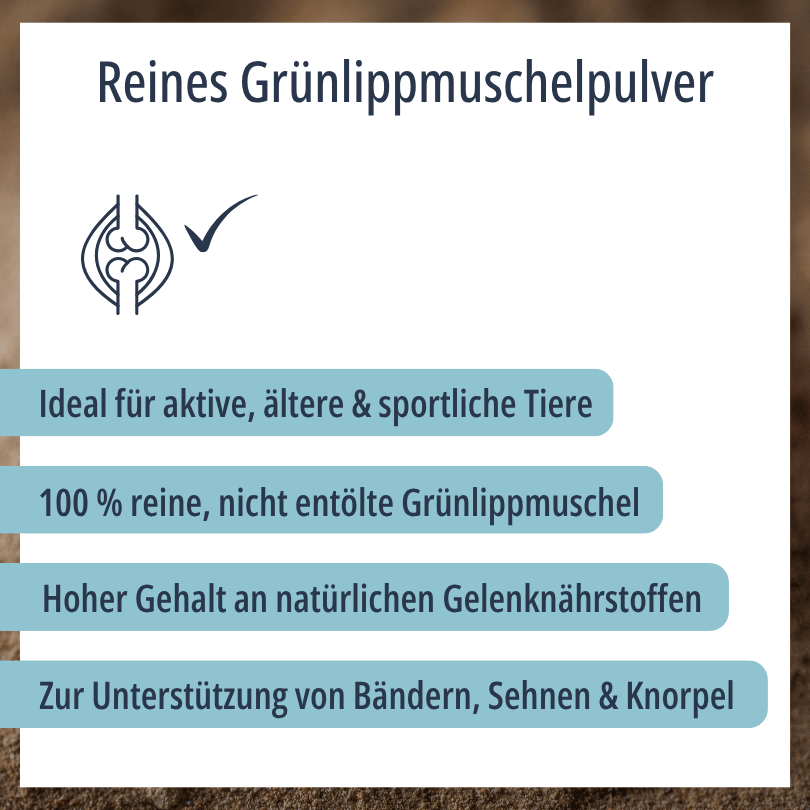 Grafik zu HBD Vital® Grünlipp Pur: 100 % reine, nicht entölte Grünlippmuschel mit hohem Gehalt an natürlichen Gelenknährstoffen zur Unterstützung von Bändern, Sehnen und Knorpel
